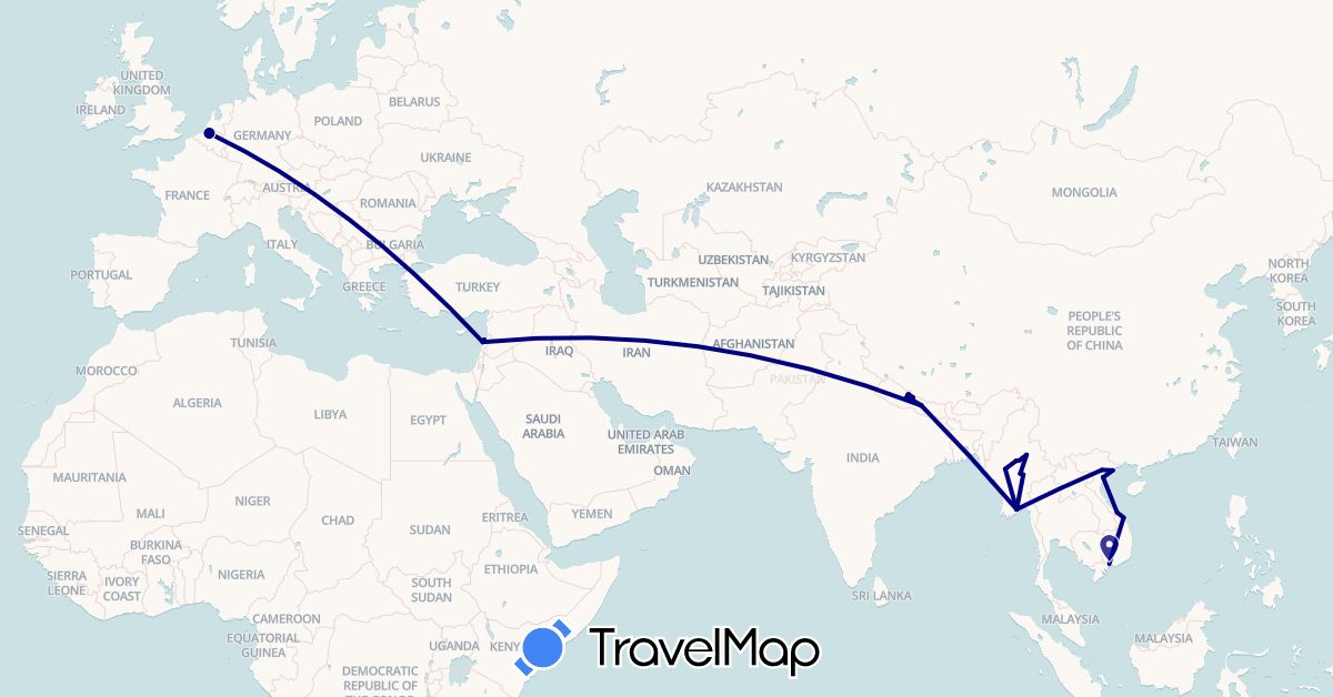 TravelMap itinerary: driving in Belgium, Lebanon, Myanmar (Burma), Nepal, Vietnam (Asia, Europe)
